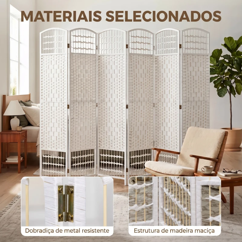 HOMCOM Biombo Separador de Ambientes de 6 Painéis Dobrável em Corda de Papel 160x170 cm Decoração para Quarto Branco