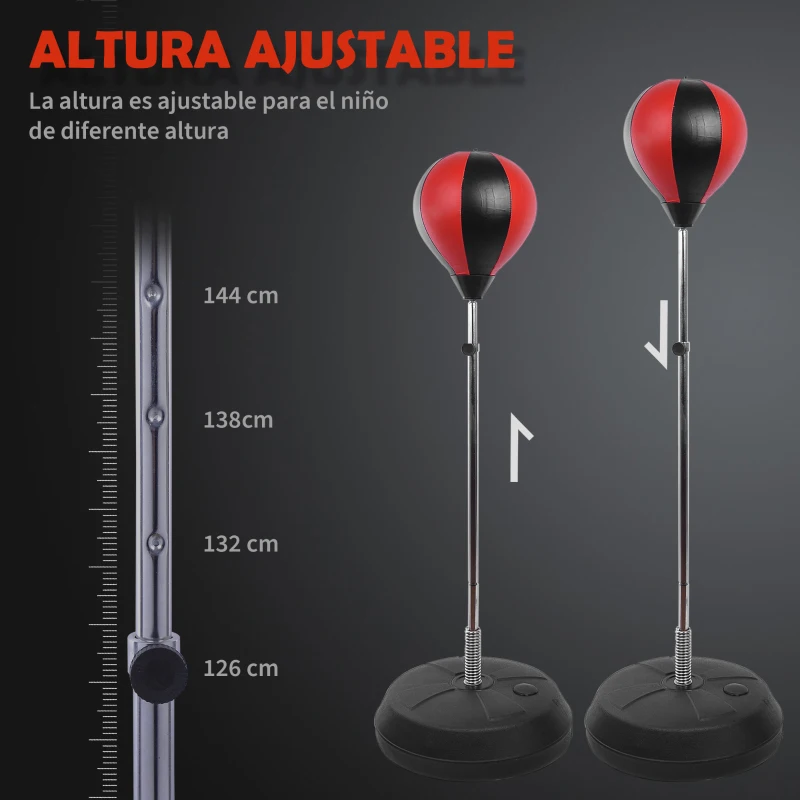 HOMCOM Saco de Boxeo de Pie Punching Ball con Altura Ajustable de 4 Niveles en 126-144 cm Base Rellenable de Agua o Arena Guantes y Inflador para Adolescentes Rojo y Negro
