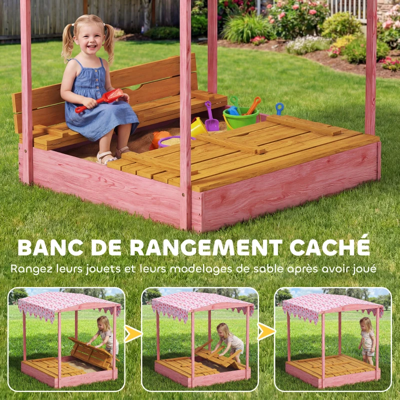 AIYAPLAY Bac à sable en bois avec couvercle, bac à sable enfant extérieur avec siège pliable toile imprimée flamants roses