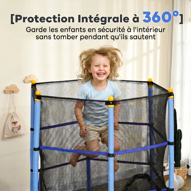 HOMCOM Trampoline Enfant Ø 1,63 × 1,9H m Filet de sécurité Porte zipée Couvre-Ressorts 6 poteaux rembourrés Inclus Bleu