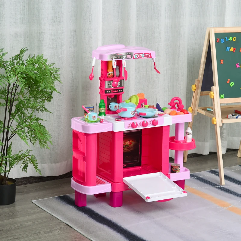 HOMCOM Cuisine pour Enfant Recettes Jeu d'imitation 38 Accessoires Inclus Sons et lumières polypropylène Rose(m-10)