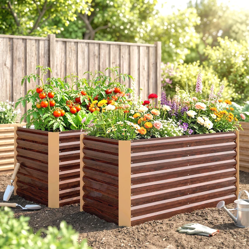 Outsunny Lot de 2 lits de jardin surélevés carrés potagers cadre en acier galvanisé fond ouvert 120 x 60 x 60 cm effet bois marron