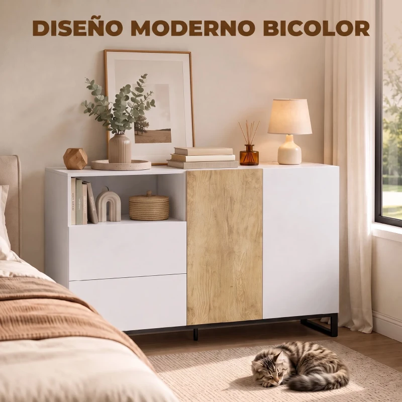 HOMCOM Aparador de Salón de 2 Puertas con 2 Cajones Compartimento Abierto y Estante Ajustable 140x40x85 cm Blanco y Roble