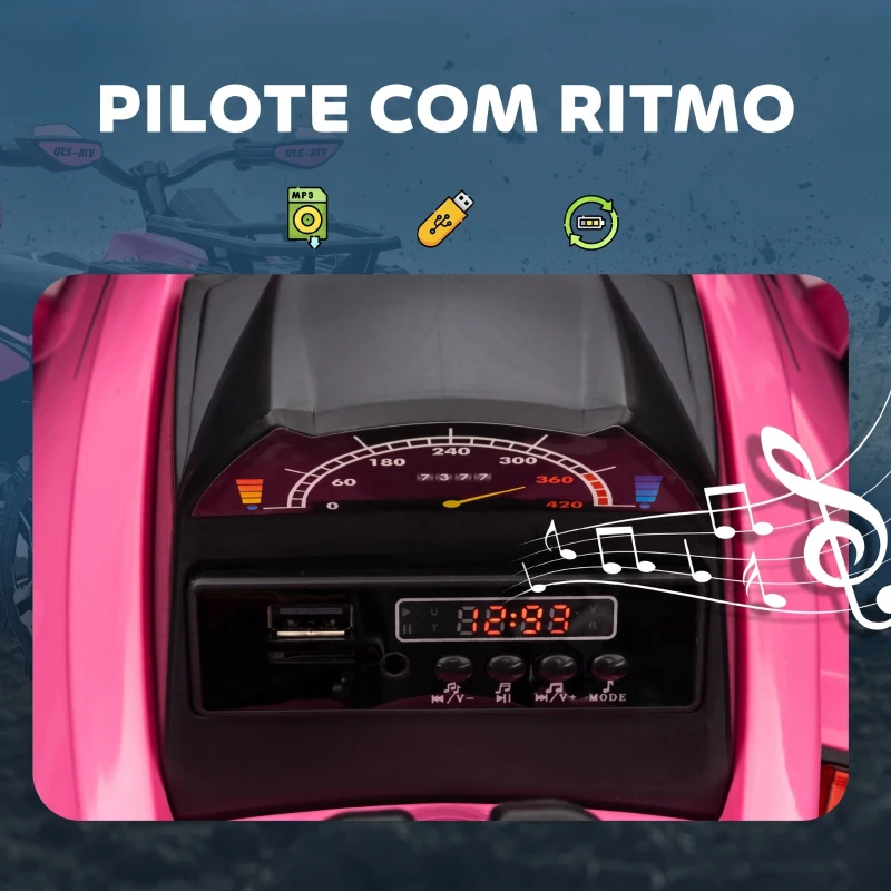 HOMCOM Quad Elétrico Infantil 12V com 2 Motores, 3-8 km/h, Música, Faróis LED e USB, Rosa