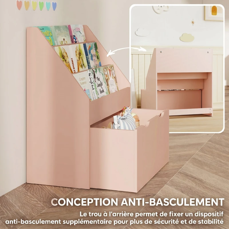 AIYAPLAY Bibliothèque pour enfants Multi-Rangement avec 3 niveaux d'étagères et un tiroir, 62,5L x 30l x 70H cm, rose