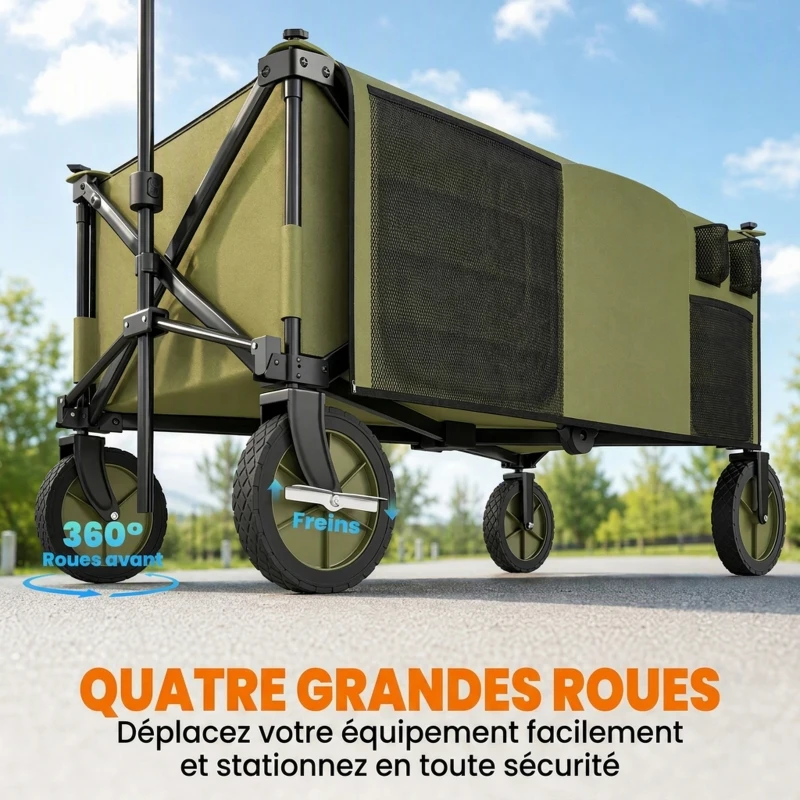 Outsunny Chariot de jardin pliable 4 roues bâche amovible poignée télescopique inclinaison réglable 5 sacs de rangement