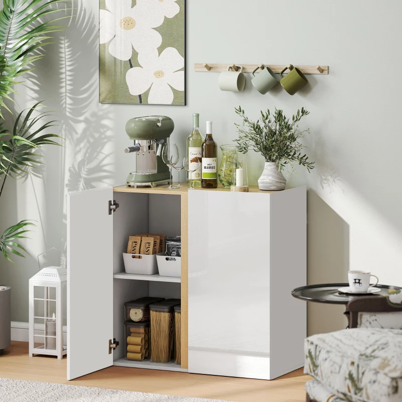 HOMCOM Buffet à haute brillance, meuble de rangement avec 2 portes à fermeture amortie et étagère réglable, 80x40x80cm, blanc