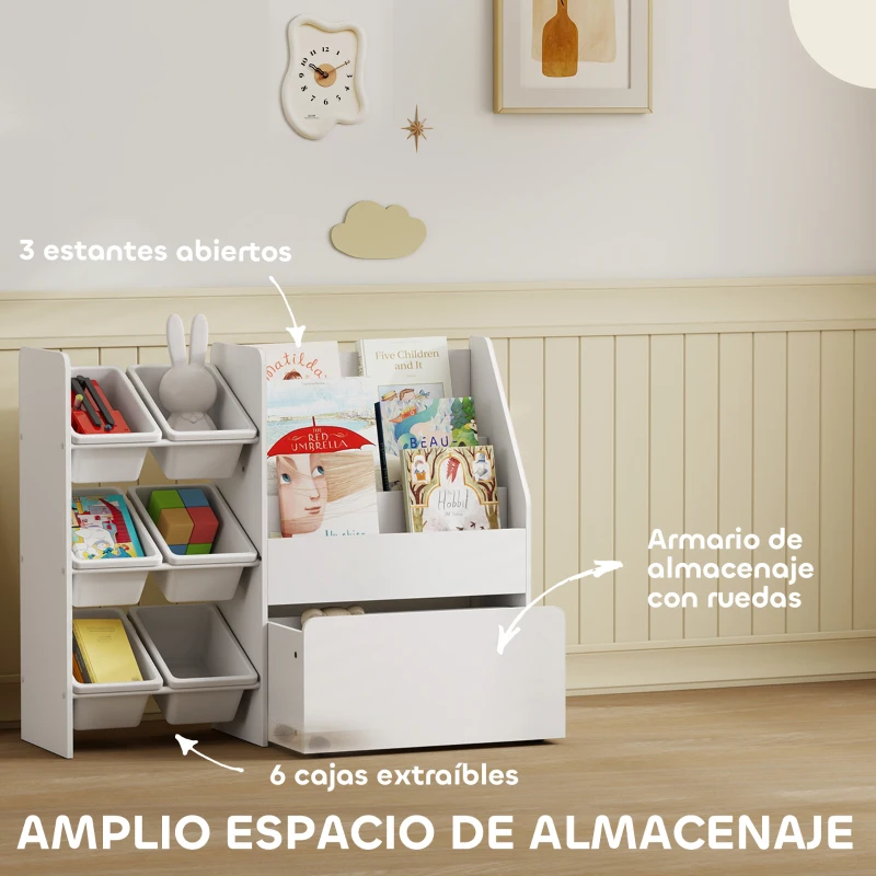 AIYAPLAY Estantería Infantil para Juguetes con 6 Cajas Extraíbles 3 Estantes Abiertos y Cajón Inferior con Ruedas para Guardería