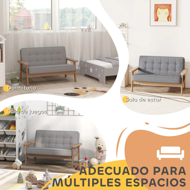 AIYAPLAY Sofá para Niños de 2 Plazas Sillón Infantil de Felpa Suave Estructura de Madera para Niños de +3 Años Gris