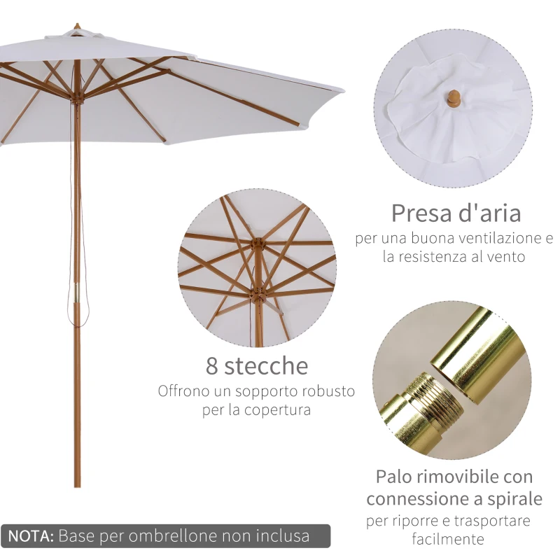 Outsunny Ombrellone da Giardino 3x2.5 m con Palo in Legno a 8 Stecche, in Bambù, Legno e Poliestere, Bianco