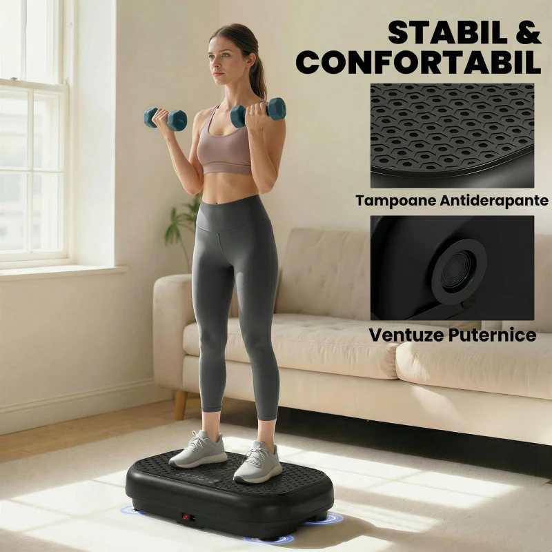 SPORTNOW Platformă Vibrantă cu 120 Niveluri de Viteză, 5 Programe și Display LED, Silențioasă, cu Benzi de Rezistență
