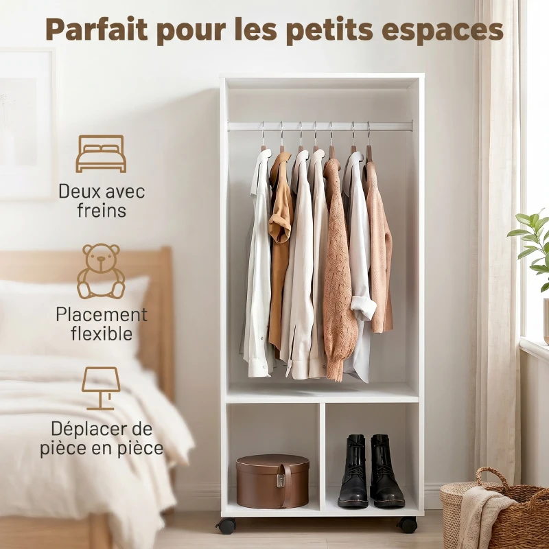 HOMCOM Armoire penderie étagère 2 niches 4 roulettes pivotantes dim. 60L x 40l x 128H cm Blanc