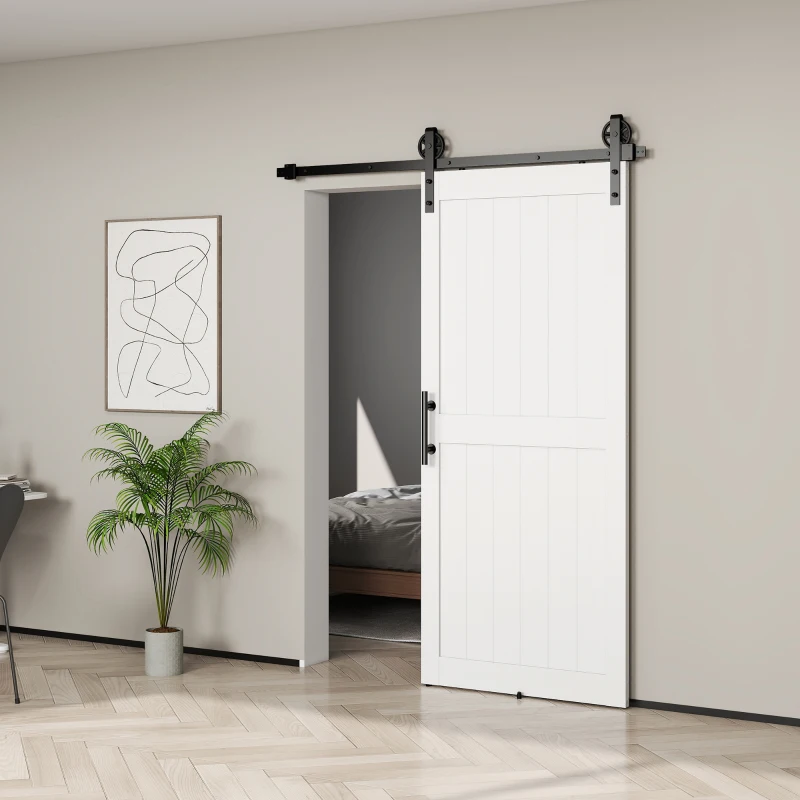 HOMCOM 183cm Sliding Barn Door Kit, Sliding Door with Track, Hardware, Upgraded Rollers and Floor Guide, Handle, White