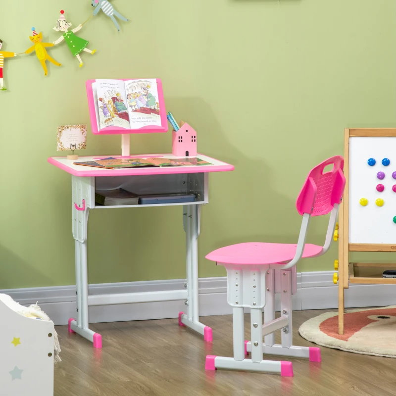 HOMCOM Banco Scuola con Sedia ad Altezza Regolabile per Bambini 6-12 Anni, Acciaio e MDF, Rosa