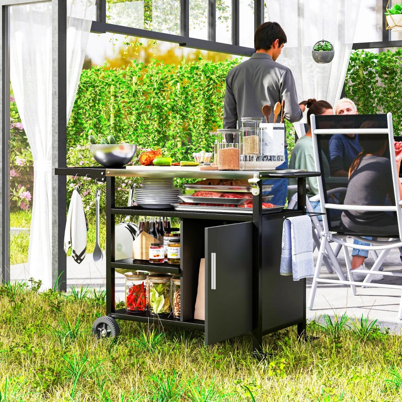Outsunny Desserte jardin chariot de barbecue avec plateau en acier inoxydable tablette pliable, crochets, housse inclus,, noir