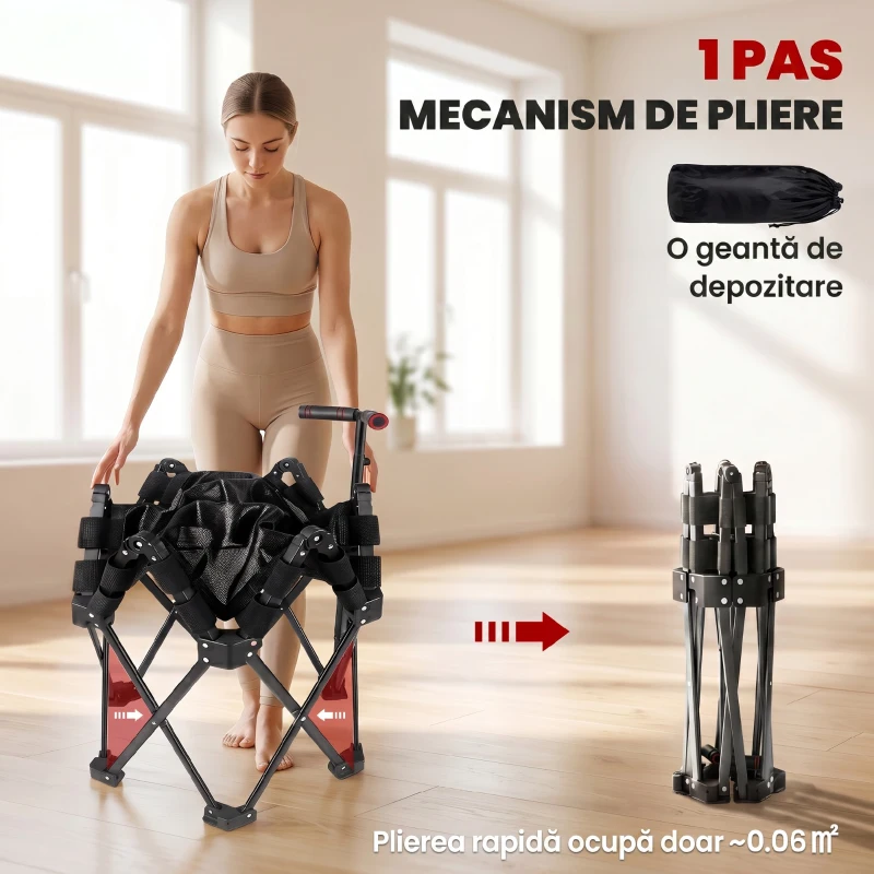 SPORTNOW Trambulină Fitness pentru Adulți Ø104 cm, Pliabilă, cu Sistem de Deschidere și Închidere dintr-o Singură Mișcare, Mâner Reglabil și 24 Corzi Elastice, Negru