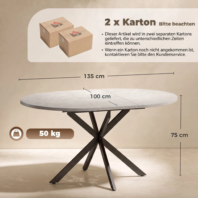 HOMCOM Uitschuifbare eettafel voor 4-6 personen, keukentafel in industriële look met stalen spinpoot, grijs