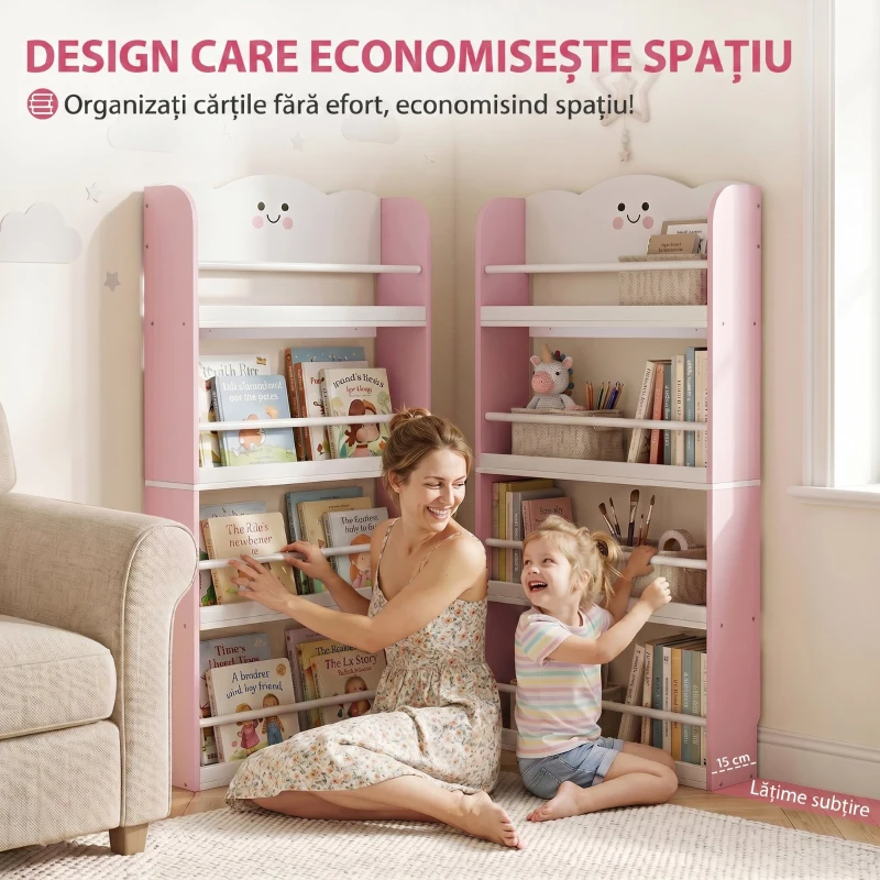 AIYAPLAY Bibliotecă Montessori Copii 3-6 Ani, Tematică Vată de Zahăr, 4 Rafturi din Lemn, Cameră Copii, Roz