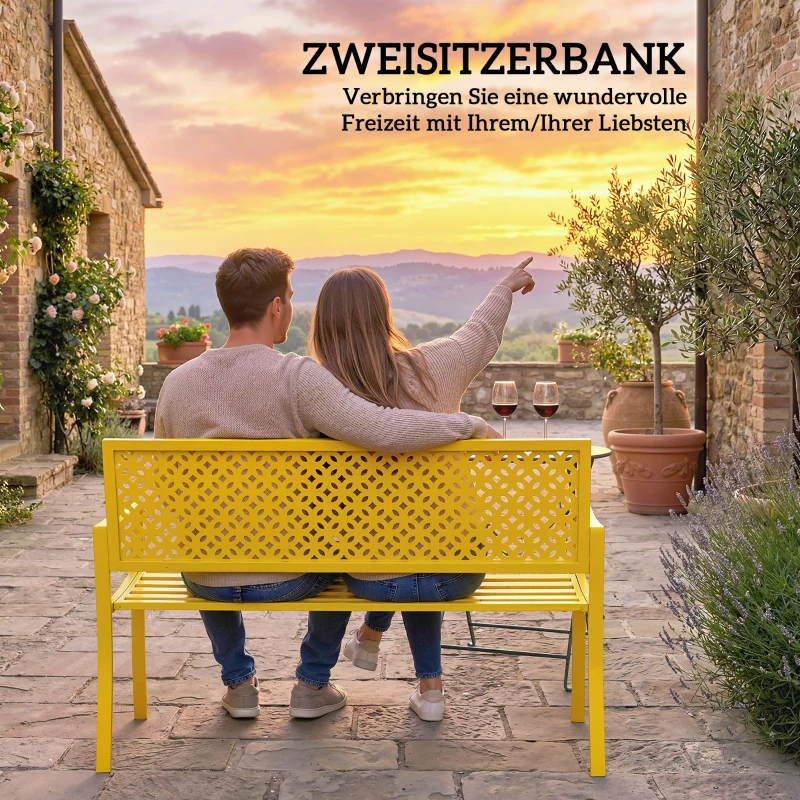 Outsunny Gartenbank 2-Sitzer Metall wetterfest Outdoor Sitzbank mit rostbeständiger Rückenlehne, Geometrisch bis 240 kg