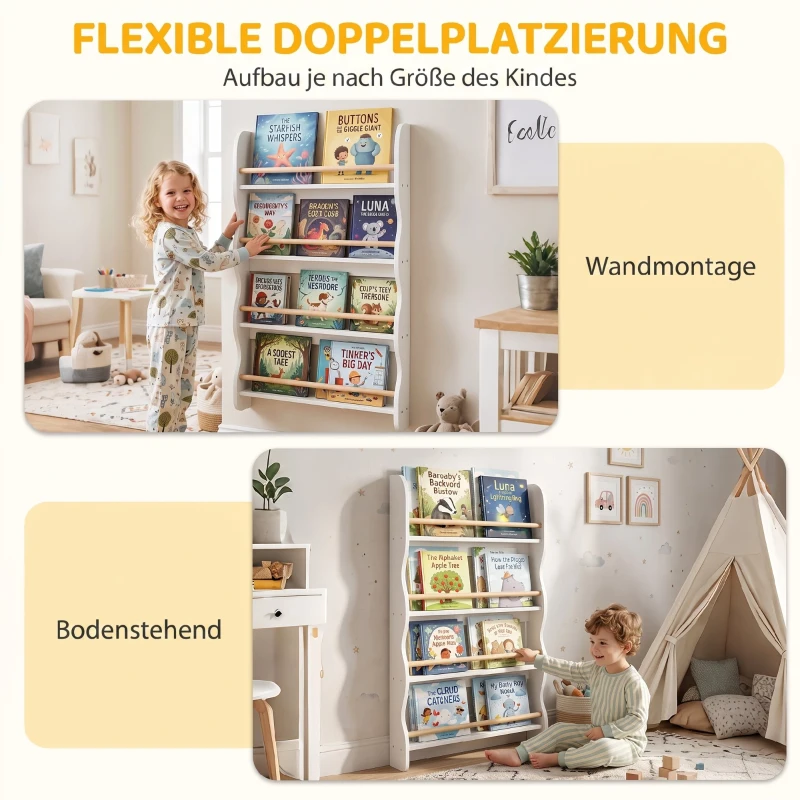 AIYAPLAY Bücherregal Kinder, Kinderregal mit 4 Regal, Wandregal mit Kippschutz Montessori 60 x 10 x 98 cm, Weiß