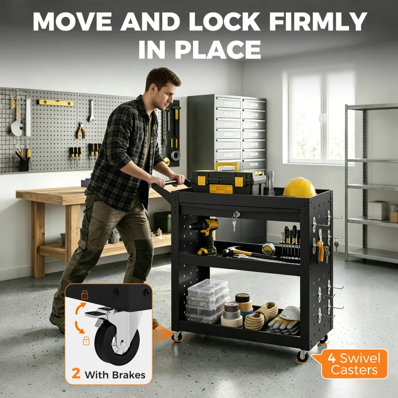 HOMCOM Tool Cart with Lockable Wheels, Rolling Workshop Cart with 3-Tier Trays, Drawer, Pegboards, Black