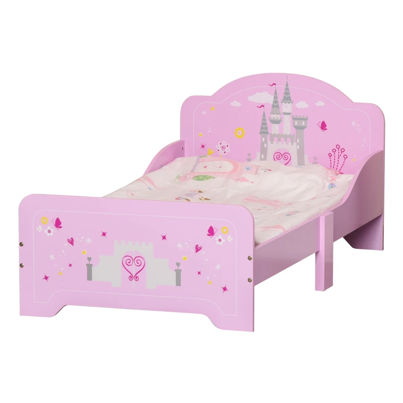 HOMCOM Cama para Niños de +3 Años 143x73x60 cm Cama Infantil de Madera con Estampado de Estrellas, Corazones y Castillo Carga 50 kg para Dormitorio Rosa