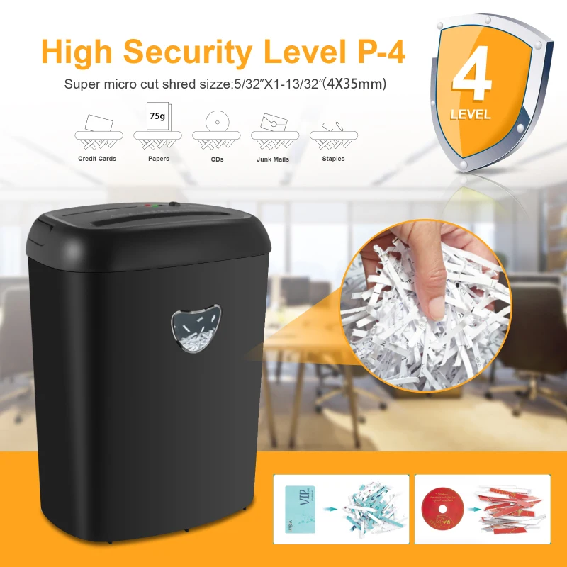 Practical Paper Shredder with P4 Privacy Level and Anti-Jam Function, Cross Cut Shredder for Offices, 36L x 25W x 47H cm, Black