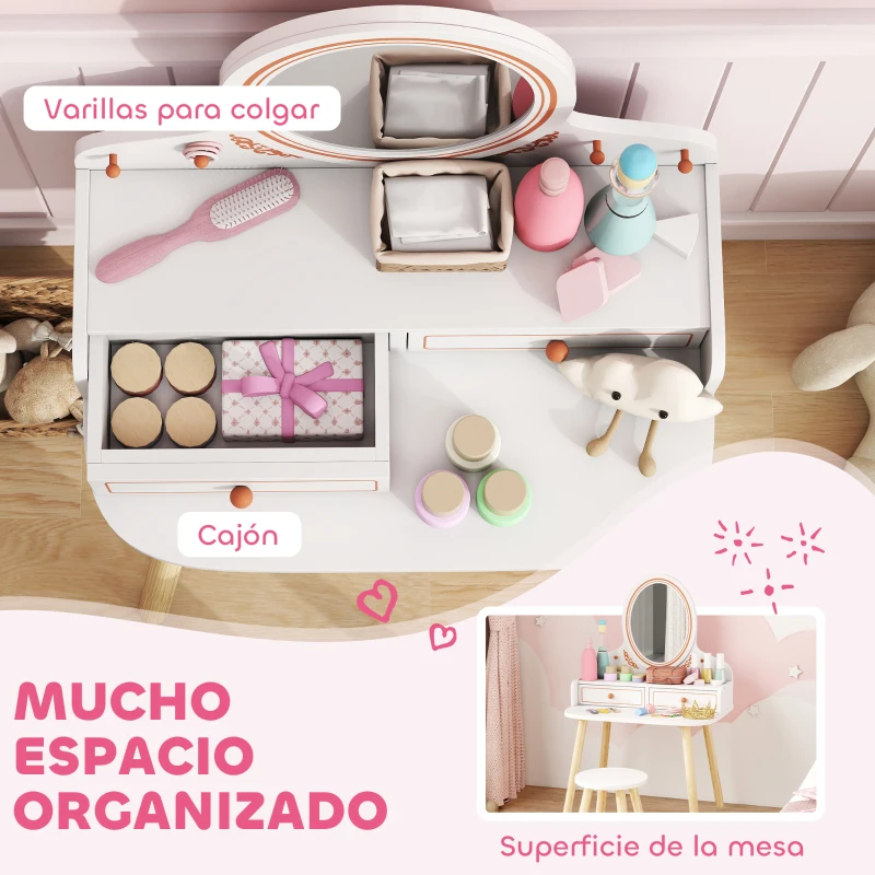 AIYAPLAY Tocador de Maquillaje Niña Tocador Infantil con Taburete y Espejo 2 Cajones y Barras Colgantes 3 a 8 Años Blanco