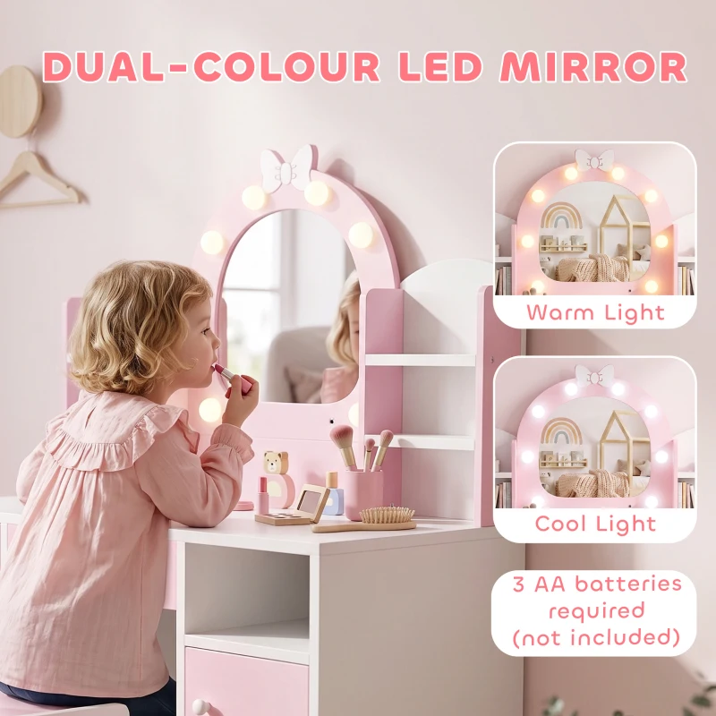 AIYAPLAY Kids Vanity Set, Girls Dressing Table with Stool, 2-Colour Lights Mirror, Cabinet, Drawer and Shelves, Pink