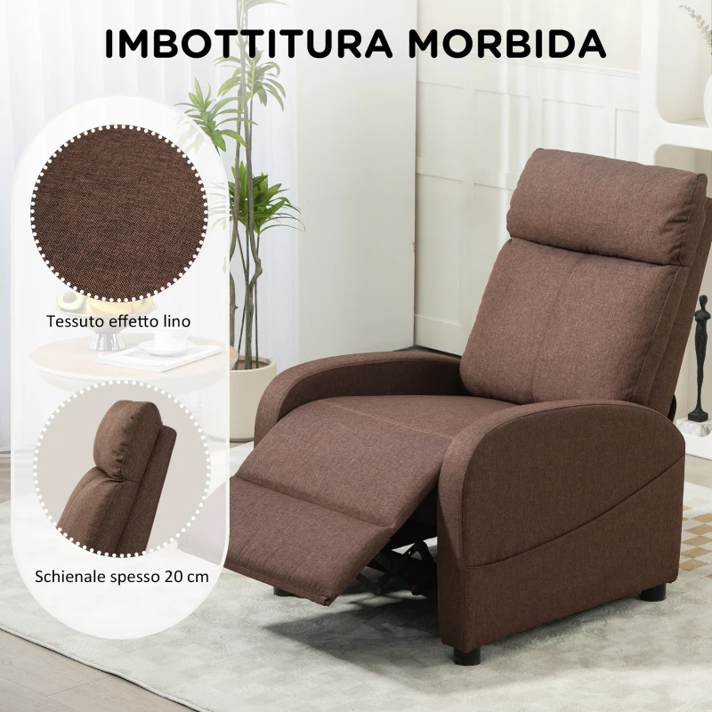 HOMCOM Poltrona Relax Reclinabile con Poggiapiedi in Tessuto Effetto Lino, 69x85x100 cm, Marrone