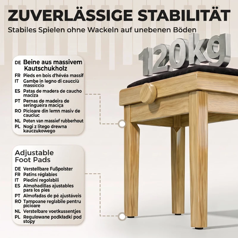 HOMCOM Banc de Piano, Tabouret Piano Réglable en Hauteur 45-56 cm, Banc de Clavier, Siège Rembourré en Velours, Bois Naturel