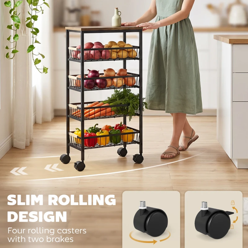 HOMCOM Metal Kitchen Trolley, 4-Tier Storage Trolley with Pull-Out Baskets and 4 Swivel Casters for Kitchen, Rustic Brown