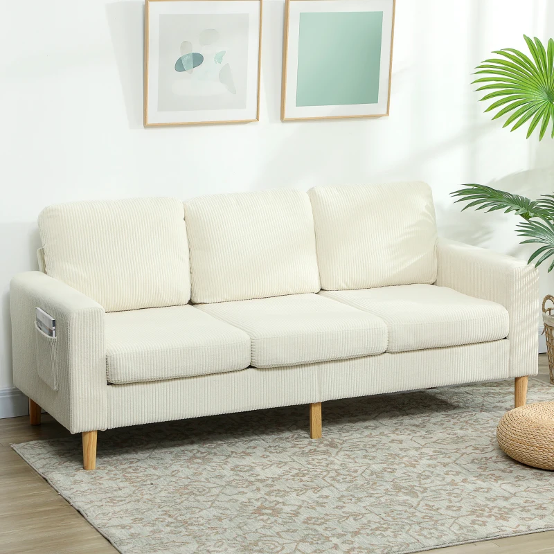 HOMCOM Canapé 3 places en velours côtelé, canapé avec coussins à ressorts et assise rembourré, 192x80x84,5cm, beige