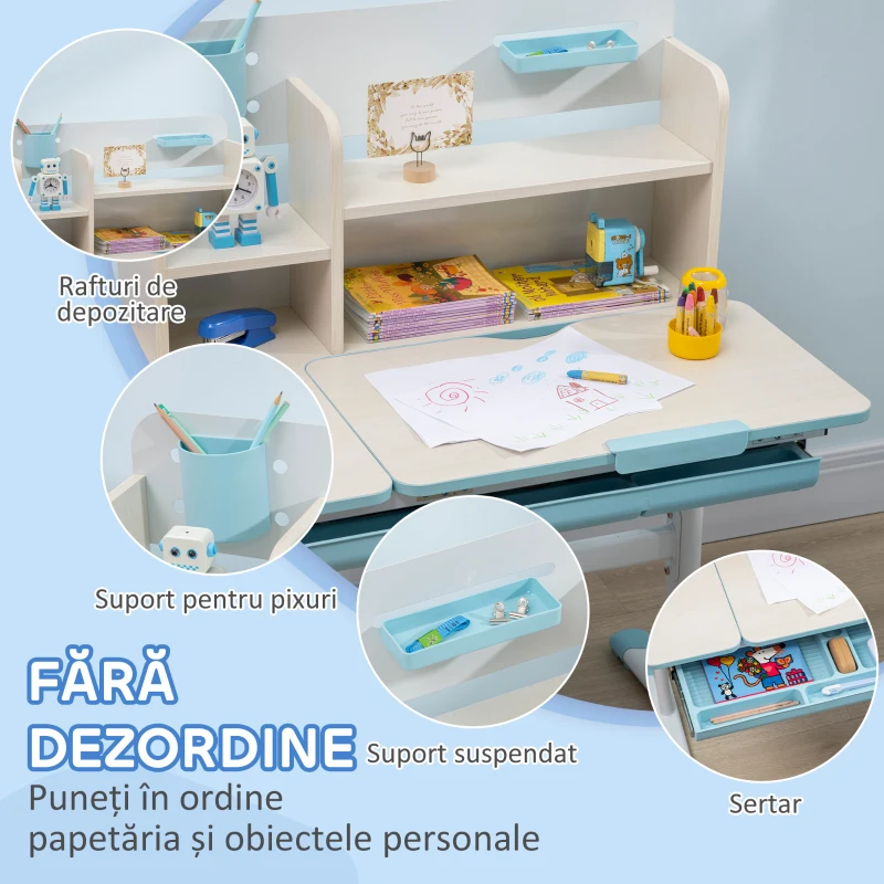 HOMCOM Set Birou și Scaun pentru Copii de la 3 Ani Reglabil, Masă Înclinabilă la 60° cu Sertar și Rafturi, Albastru