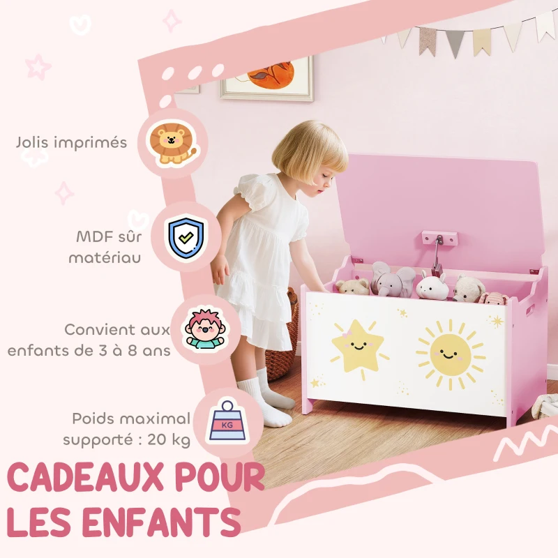 AIYAPLAY Coffre à jouets avec couvercle, coffre de rangement enfant avec charnières de sécurité, 60 x 37 x 39 cm, rose