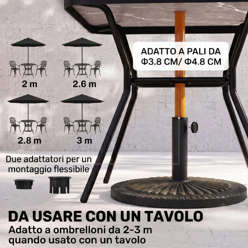 Outsunny Base Ombrellone Rotonda per Pali da Ø3,8-4,8cm con Decorazione e Manopola, Peso 15kg Ø49x32cm