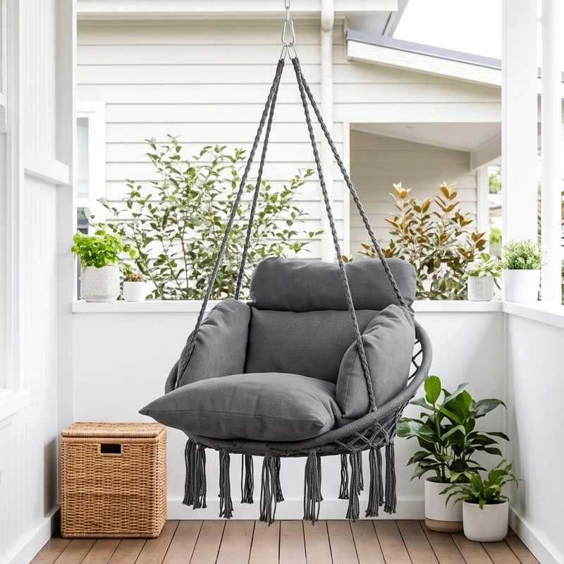 Outsunny Chaise suspendue avec grand coussin rembourré hamac fauteuil suspendu à franges kit de suspension 80 x 60 x 40 cm gris foncé