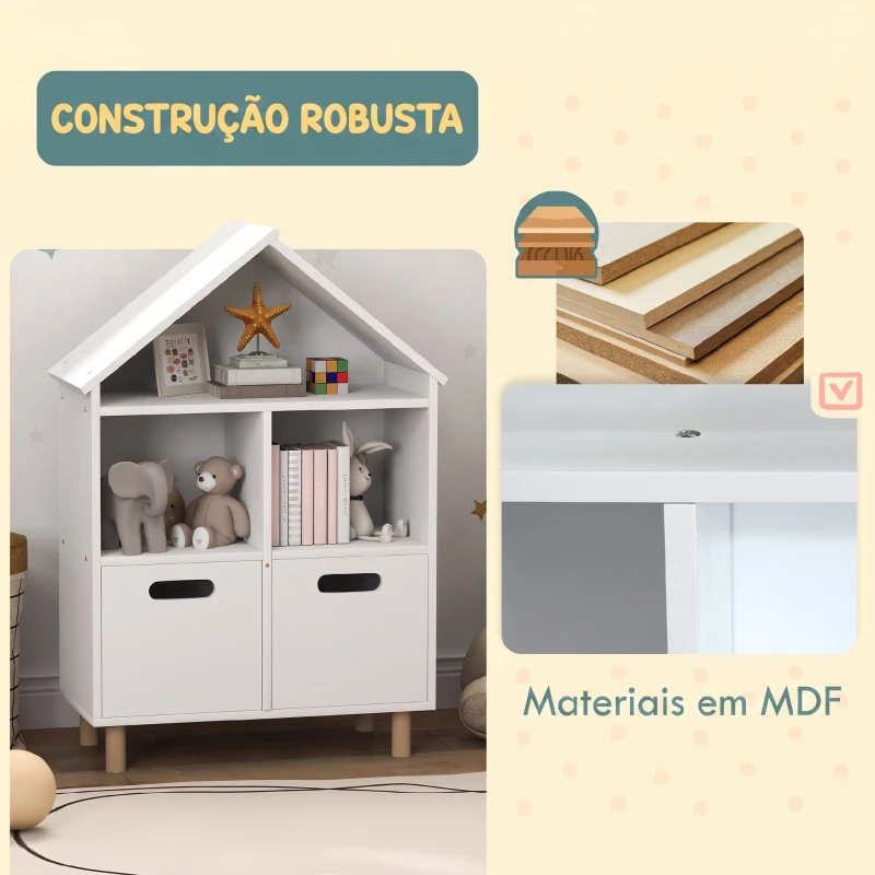 AIYAPLAY Estante para Livros Infantil de 3 Níveis em Forma de Casa com 3 Prateleiras e 2 Armários, para Crianças dos 3 aos 8 Anos, Branco