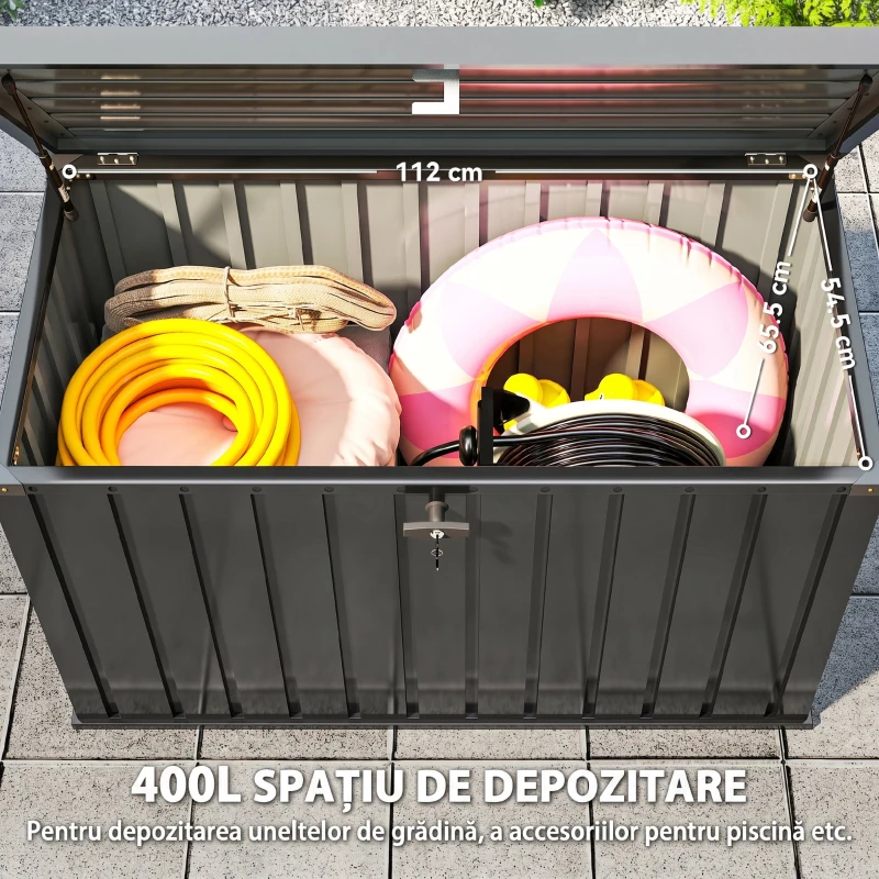 Outsunny Ladă de Depozitare Exterior 400L din Oțel Zincat, cu Încuietoare și 2 Chei, 124 x 66 x 72 cm, Negru