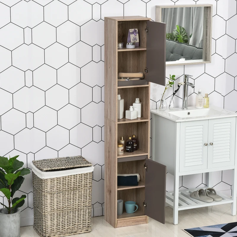 HOMCOM Meuble colonne salle de bain à 6 niveaux, meuble de rangement étroit avec 2 portes, 2 compartiments ouverts et étagère réglable, pour toilette, petits espaces, 30 x 24 x 170 cm gris et chêne
