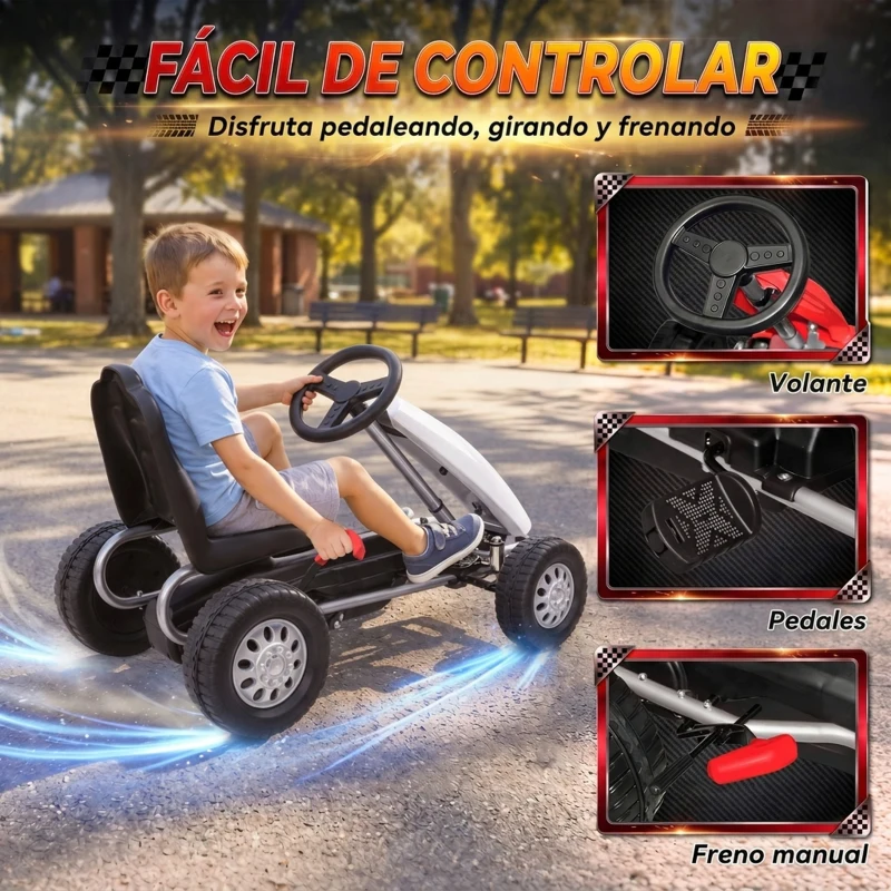 AIYAPLAY Go Kart para Niños de +3 Años con Asiento Ajustable Volante Freno Manual Marco de Aluminio y Acero Carga 30 kg Rojo