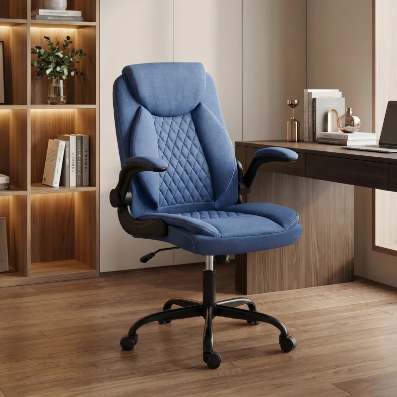 HOMCOM Linen-Look Computer Desk Chair, Executive Office Chair with Flip-Up Armrests and Thick Cushion, Blue