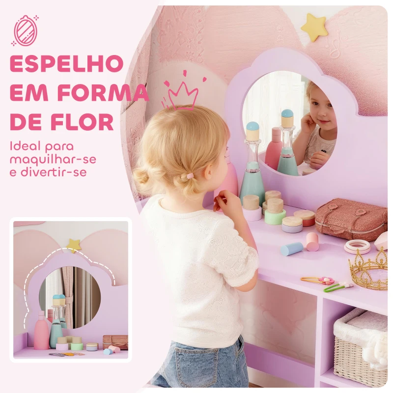 AIYAPLAY Toucador para Crianças com Banco e Espelho em Forma de Flor com Compartimentos Abertos 70x39x92,5 cm Roxo