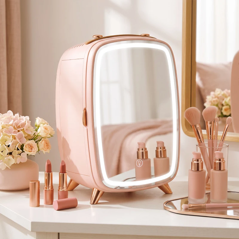 HOMCOM Nevera para Cosméticos Pequeña con 6L Capacidad con Puerta con Espejo y Luces LED Ajustables 24,3x19,4x35,6 cm Rosa
