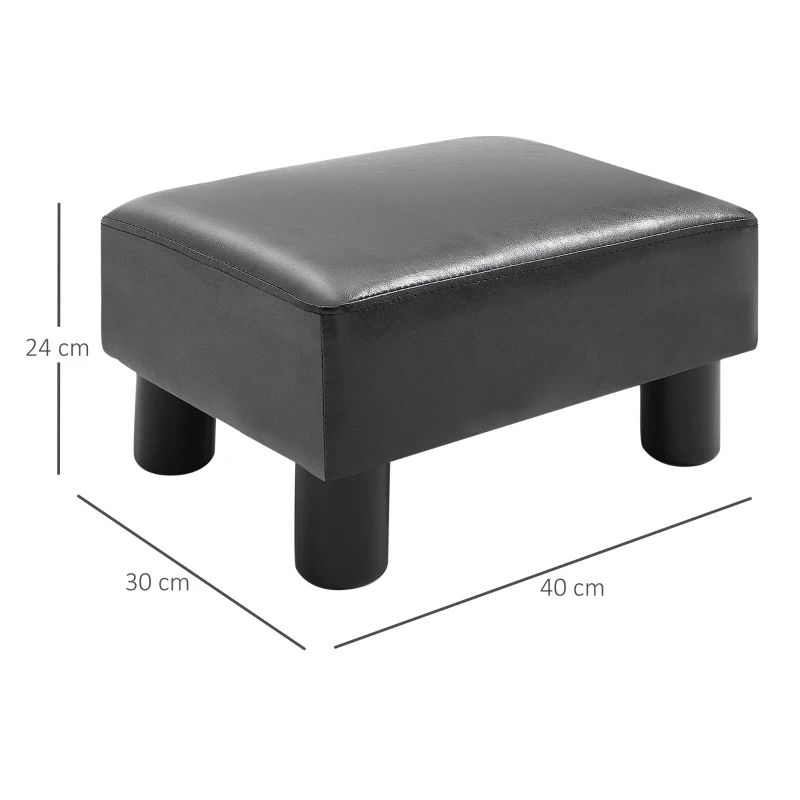 HOMCOM Reposapiés para Sofá Taburete Pequeño Tapizado en Piel Sintética Asiento de Espuma y Patas de Plástico 40x30x24 cm Negro