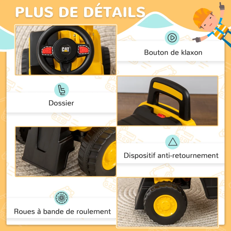 HOMCOM Tractopelle enfant sous licence CAT, porteur enfant, pelle manuelle, klaxon et rangement caché, 85x27,5x47,5cm, jaune