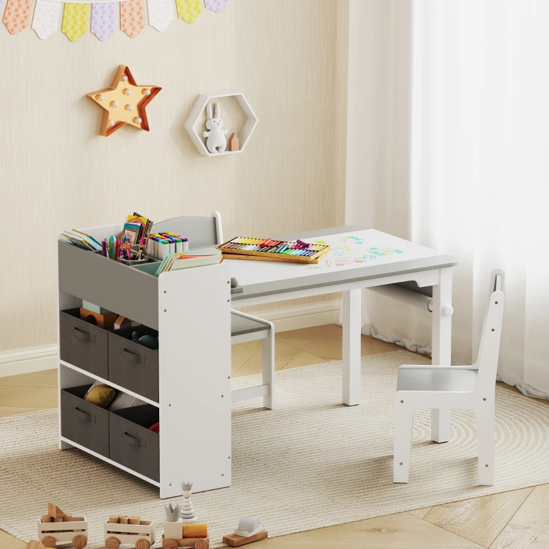AIYAPLAY Set Tavolo e Sedie per Bambini con 2 Sedie e Tavolino Contenitore, in Legno e Tessuto non Tessuto, Grigio e Bianco