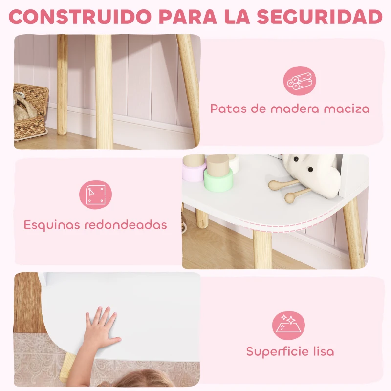 AIYAPLAY Tocador de Maquillaje Niña Tocador Infantil con Taburete y Espejo 2 Cajones y Barras Colgantes 3 a 8 Años Blanco