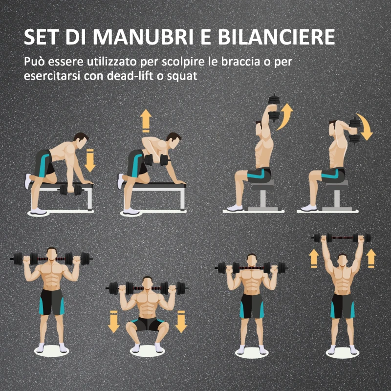 HOMCOM Set 2 Manubri Antiscivolo con 12 Dischi Pesi da 20 kg totali e Connettore, in Acciaio, HDPE e Sabbia, Nero