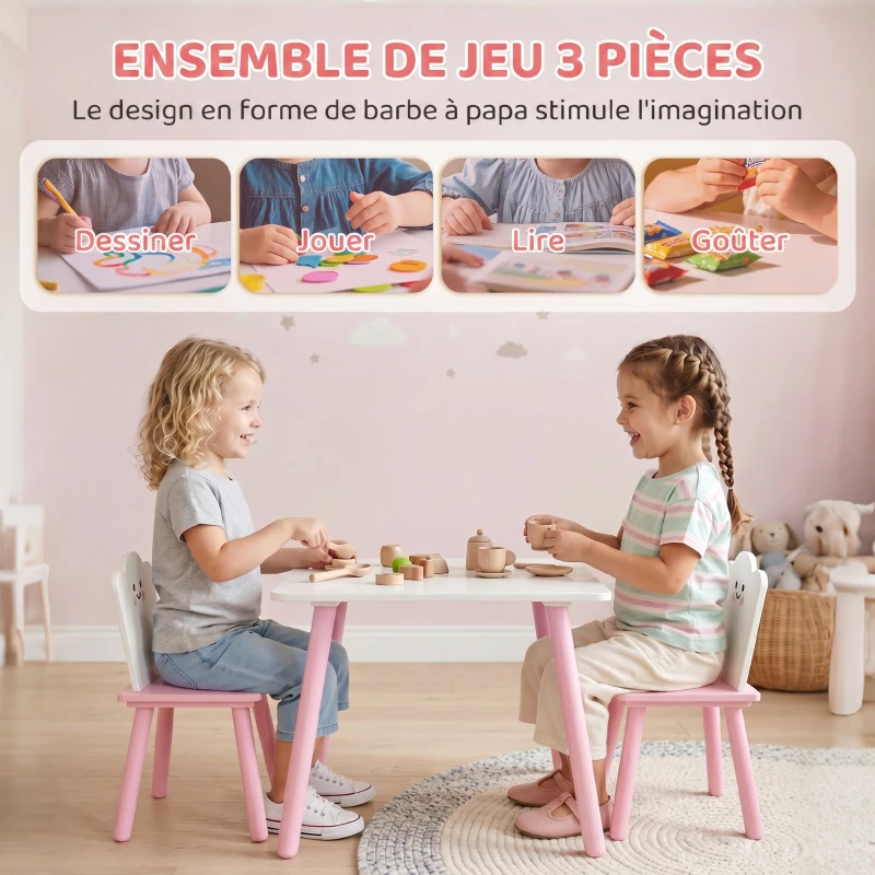 AIYAPLAY Table enfant avec chaise, ensemble table et 2 chaises en bois pour dessiner, jouer, étudier, rose